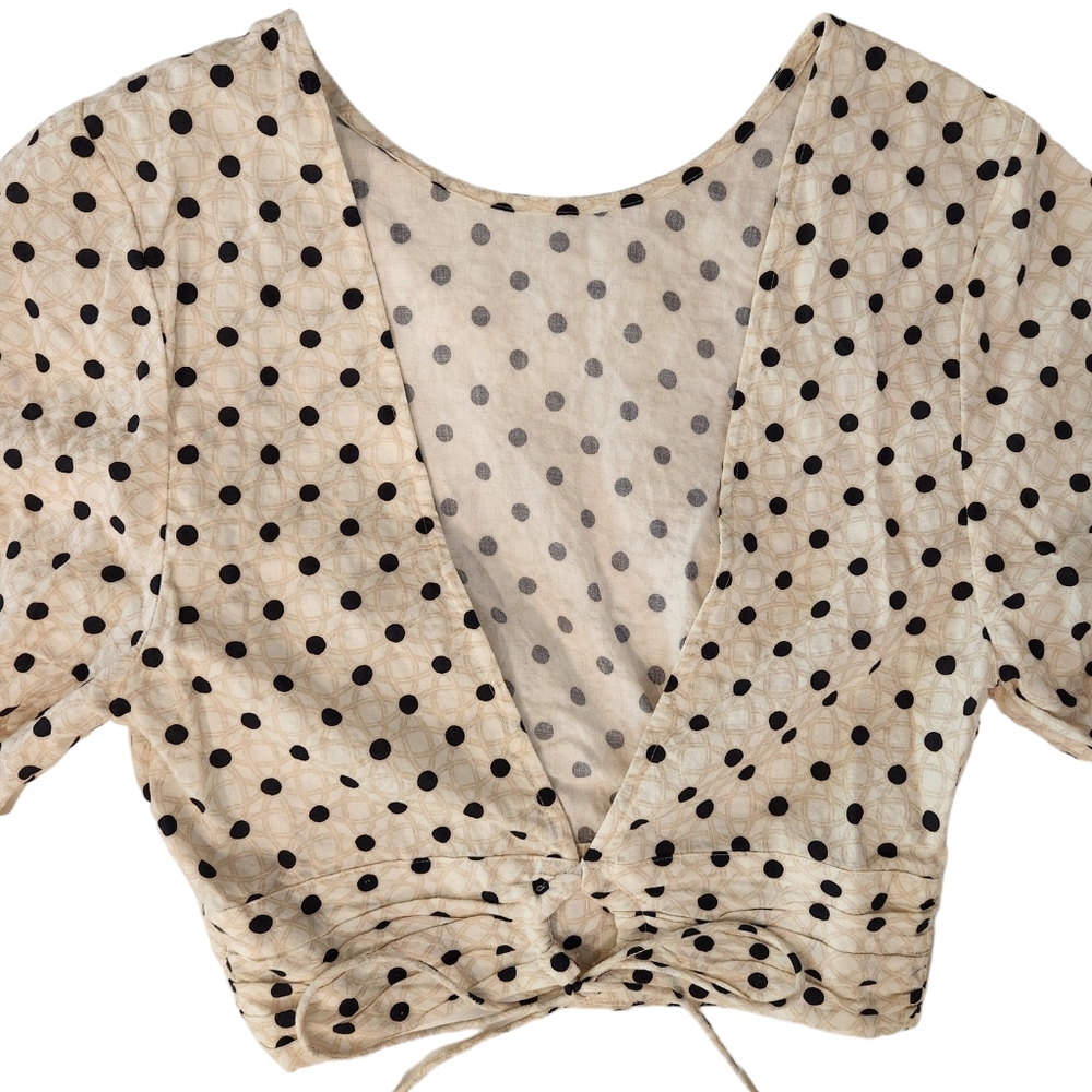 Peony Swimwear Resortwear Tie Front Crop Puff Sleeve Polka Dot Top - Picture 5 of 16